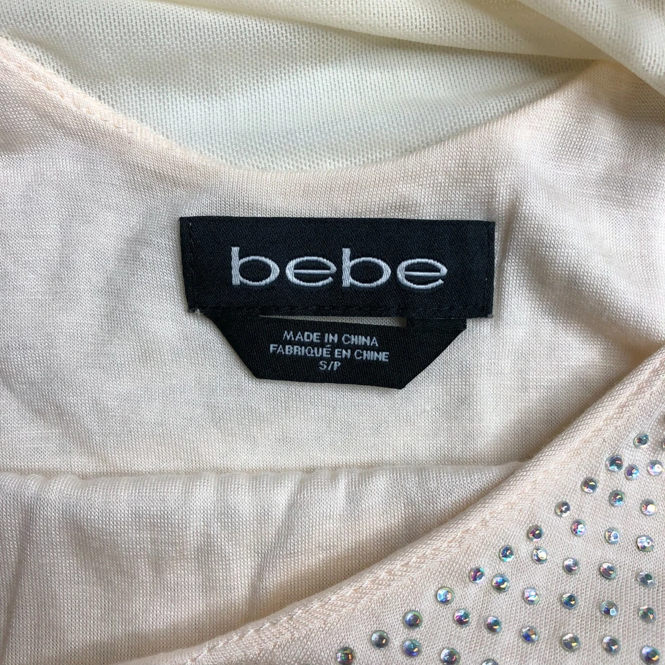 Mini Vestido Bebe Crema Melocotón S Manga Larga Adornado Con Cuentas Elastizado Bodycon DM Foto 4 de 4