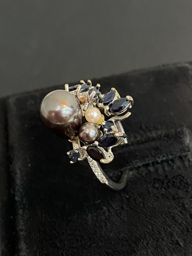 NATURAL PEARL BLACK SAPPHIRE WHITE CZ STERLING SILVER 925 RING EARRING - Picture 9 of 13