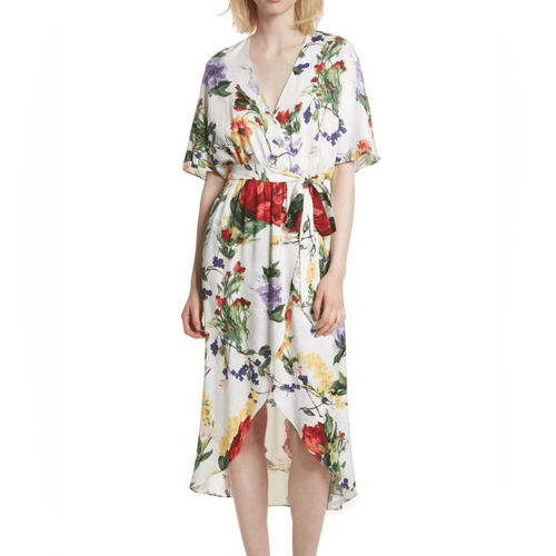 Alice + Olivia Clarine wrap dress Floral Flutter Sleeve white size 6 midi