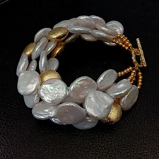 4 Strands Cultured White Coin Pearl Gold Plated Brushed Bead Bracelet 8.5"