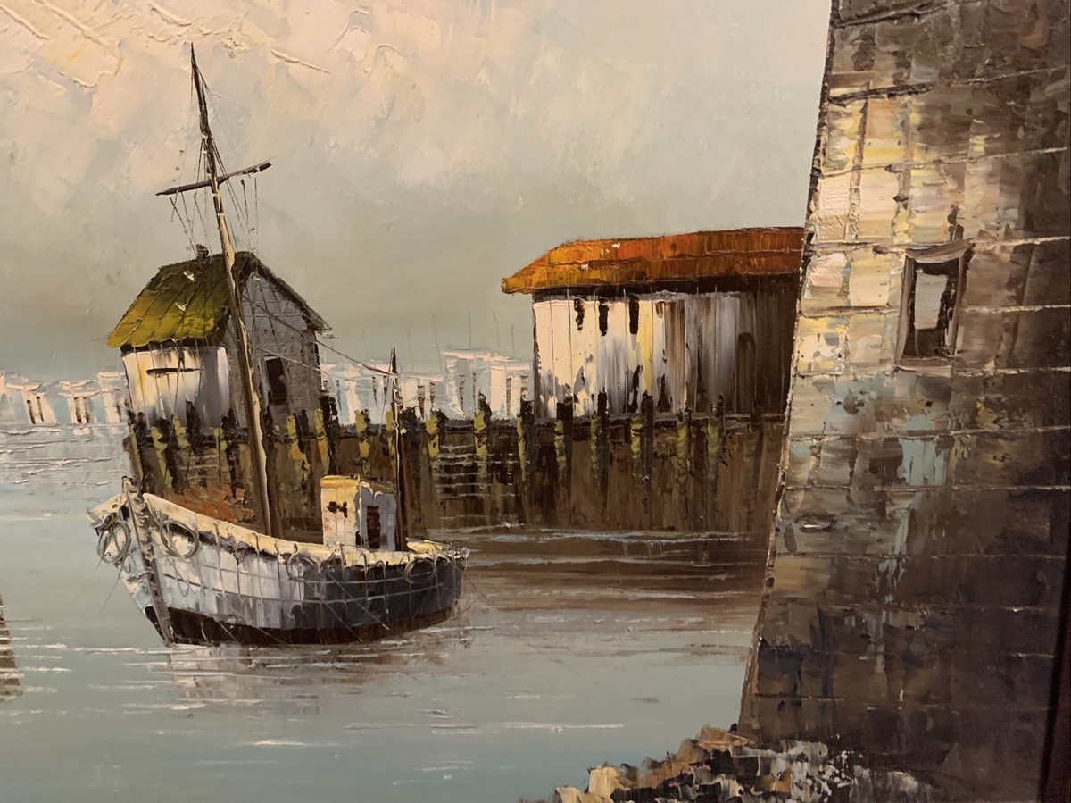 【中古】M▽W.JONES 油絵 漁港 船 海 港 (37866) 中古】M▽W.JONES 油絵 漁港 船 海 港 (37866) 中古】M▽W.JONES 油絵