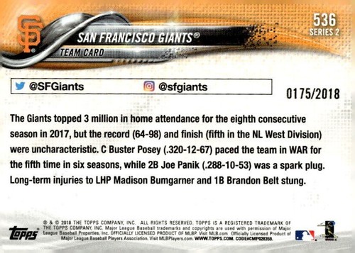 2018 Topps Gold #536 San Francisco Giants Team Card 0175/2018 - Picture 2 of 2