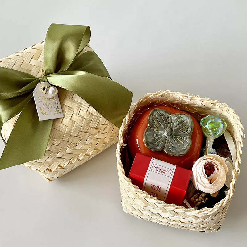 1pc Bamboo Wedding Favours Sweet Candy Box Small Gift Basket with Bowknot  Ribbon