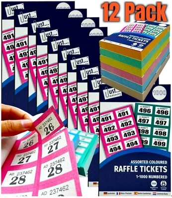 PSO 12 Books of 1-1000 Cloakroom Raffle Tombola Draw Tickets Numbered Mixed colours