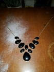 Black Glass Teardrop Pendant Necklace gold toned 19in