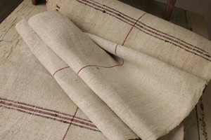 Linen Grain sack Fabric horizontal signature & red stripes two-toned ground