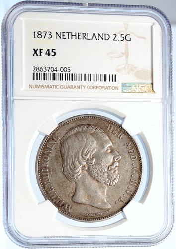 1873 NETHERLANDS Wilhelm III Antique Old Silver 2 1/2 Gulden Coin NGC i106056 - Picture 3 of 5