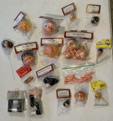 Fibre Craft Doll Heads And Parts+ 2 Pair Porcelain Clown Shoes  39 Total Pieces
