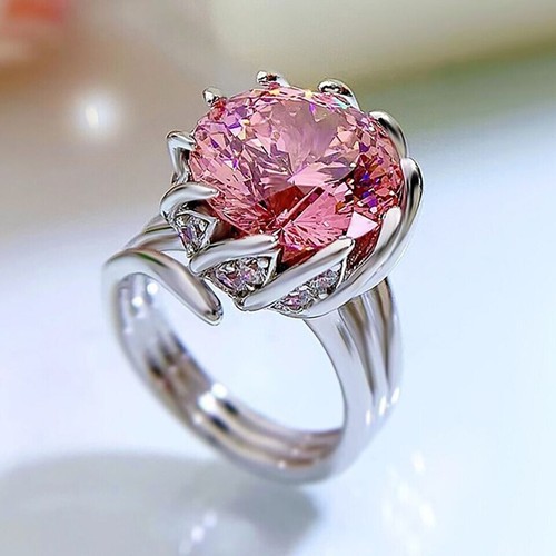 2.Ct Round 14k Pink Treated Diamond Lab Created White Gold Plated Huge Pink Ring - Picture 3 of 5