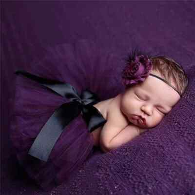 Newborn Outfit Baby Girl Set of 2 Tutu Skirt + Flower Head Band Photo Prop NEW