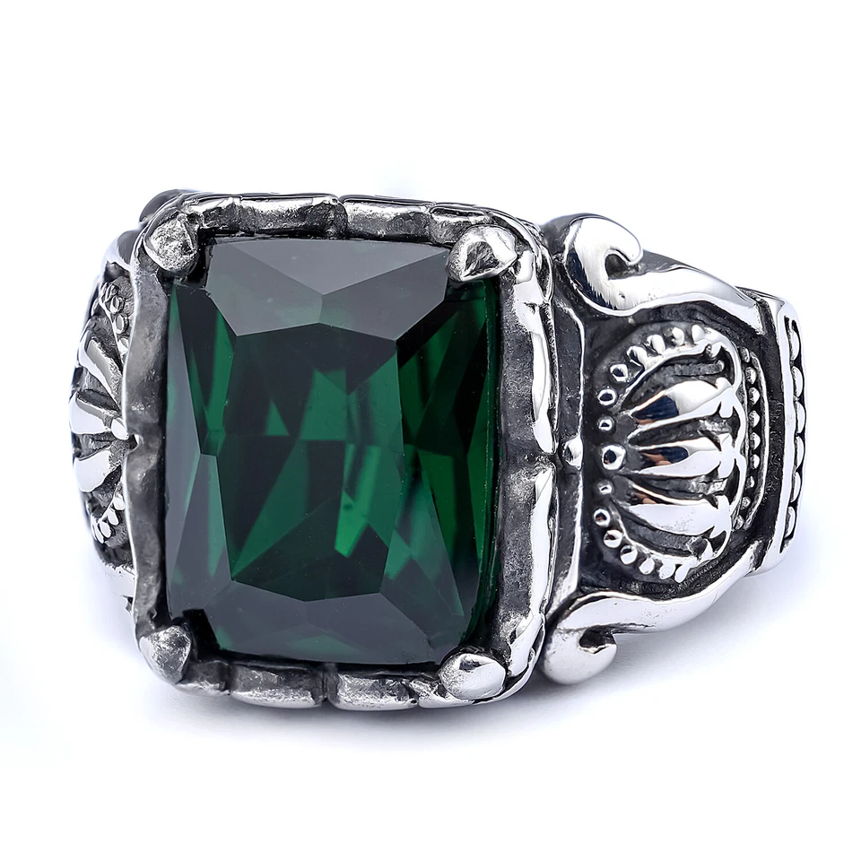 Geniales anillos de piedra negra ágata verde estilo motociclista punk de acero inoxidable para hombre Foto 3 de 4