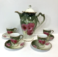 Vtg Tea Set Unmarked Pink Cabbage Roses Gold Detail RW Bavaria?