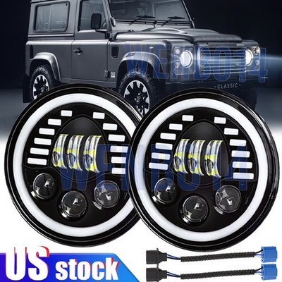 300W 7inch Round LED Headlights Halo Angel Eye DRL Light For Land Rover Defender