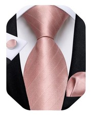 Mens Tie Set Silk Solid Paisley Necktie and Pocket Square Cufflinks Blush Pink