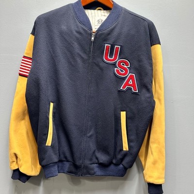 Maus & Hoffman USA Varsity Jacket Mens Large Wool Leather Navy Yellow