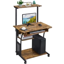 Yaheetech 3-Tier Rolling Computer Desk w/ Keyboard Tray, Printer Shelf, Rustic B