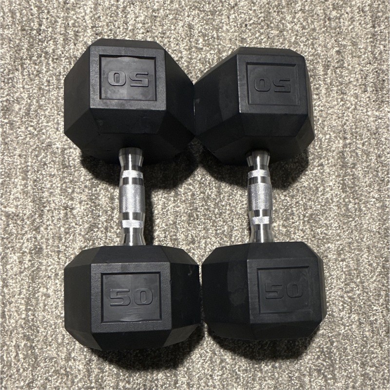 50 lb Hex Rubber Fixed-Weight Dumbbells Pair Set of 2 Black/Silver
