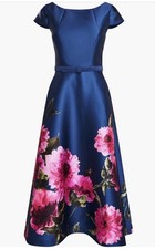 Kay Unger Ina Belted Floral Mikado Tea Length Dress Size 2