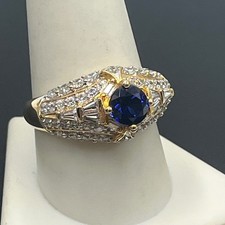 Designer Signed Sterling Silver Vermeil Round Sapphire and CZ Ring Sz 10.5