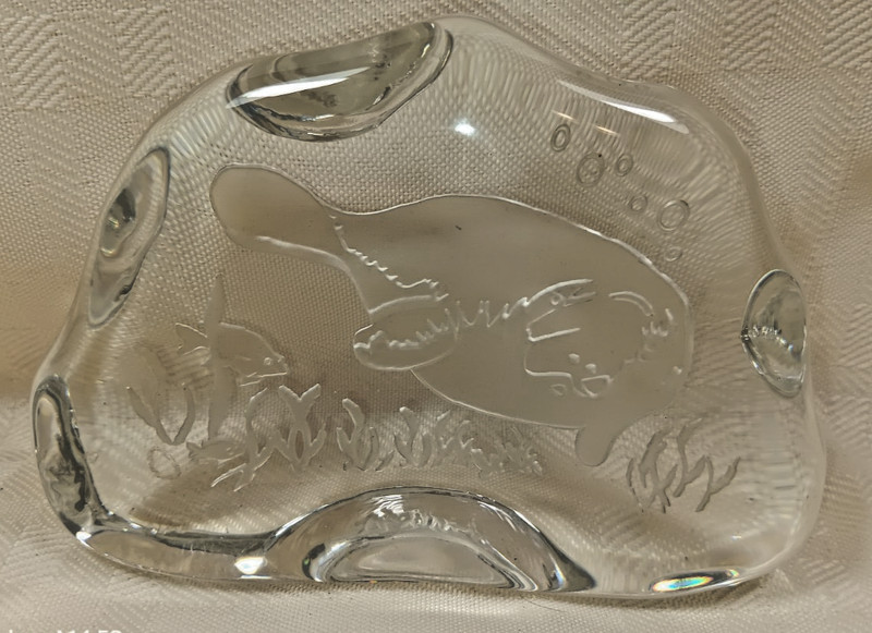 Vintage ETCHED Clear Art Glass Sculpture MANATEE - 4 1/4" by 3"  SEE VIDEO!