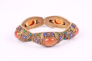 Chinese Export Silver Filigree Carnelian Cabochon Gold Tone Enamel Floral 44.3g