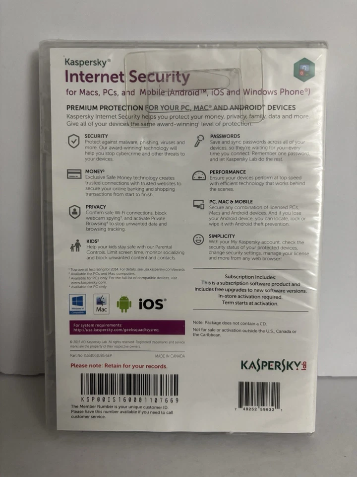 Kaspers Internet Security Premium PC Protection MACs PC & Android 2015 - SEALED - Image 2 of 4