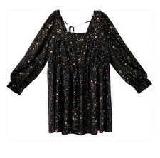 Whimsygoth Star Print Dress Women L Black Gold Mini Long Sleeve Celestial Witchy