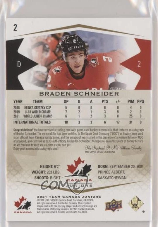 2021 Upper Deck Team Canada Juniors /199 Tier 1 Braden Schneider #2 Patch Auto - Image 2 of 2