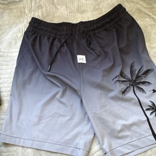 Men's Gray Black Tropical Palm Tree Swim Shorts Size M Drawstring Elastic Waist