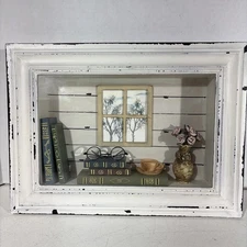 Farmhouse Distressed Framed Shadow Box Floral Vase Books Library Decor