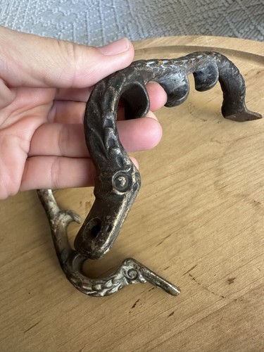 2 Brass Unique Alligator Duck Bird Reptile SHAPED DOOR HANDLE Hook Vintage RARE - Picture 5 of 13