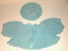 Hand Crocheted Blue Baby Sweater  Baby Cap Infant 3 - 6 Months Vintage
