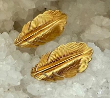 Vintage Napier Clip On Earrings Gold Tone Feather Signed