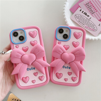 Cute 3D Bowknot Silicone Soft Case Cover Stand for iPhone XR 11 13 14 15 Pro Max