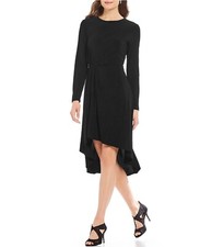 New! ADRIANNA PAPELL ~Size 10~ Pleated Long Sleeve High-Low Dress Jersey Black