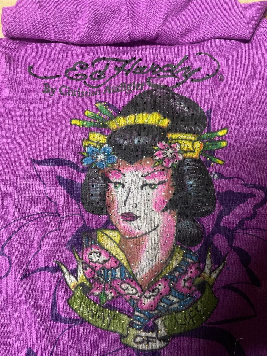 Ed Hardy Sweatshirt Womens Large Full Zip Purple Tattoo Ed Hardy Sweatshirt Womens Large Full Zip Purple Tattoo