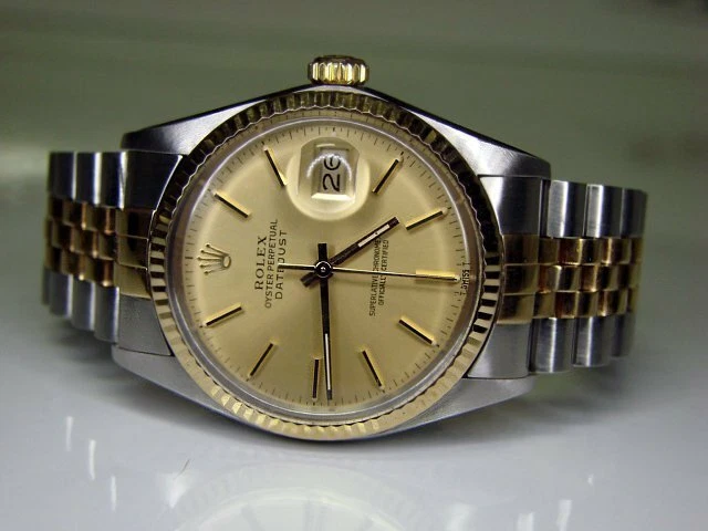 Rolex — Rolex Datejust Mens 18K Yellow Gold Stainless Steel Watch Champagne Dial 16013
