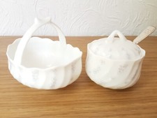 VINTAGE MARURI BONE CHINA SUGAR HONEY BOWL & SPOON & BASKET DISH SPRING FLOWERS 