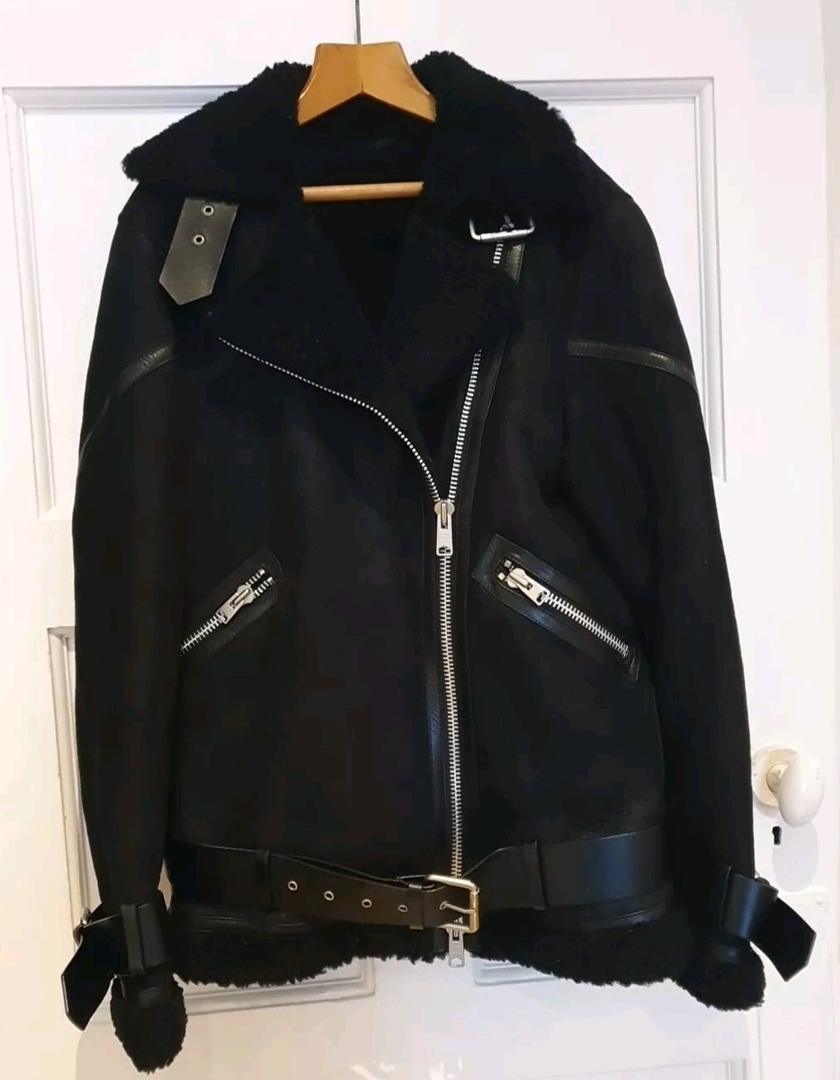 ALLSAINTS HAWLEY OVERSIZE BLACK SUEDE LAMBSKIN LEATHER SHEARLING JACKET  SIZE:S