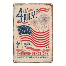 Vintage 4th of July Aluminum Wall Art Sign - Patriotic American Flag with Firewo