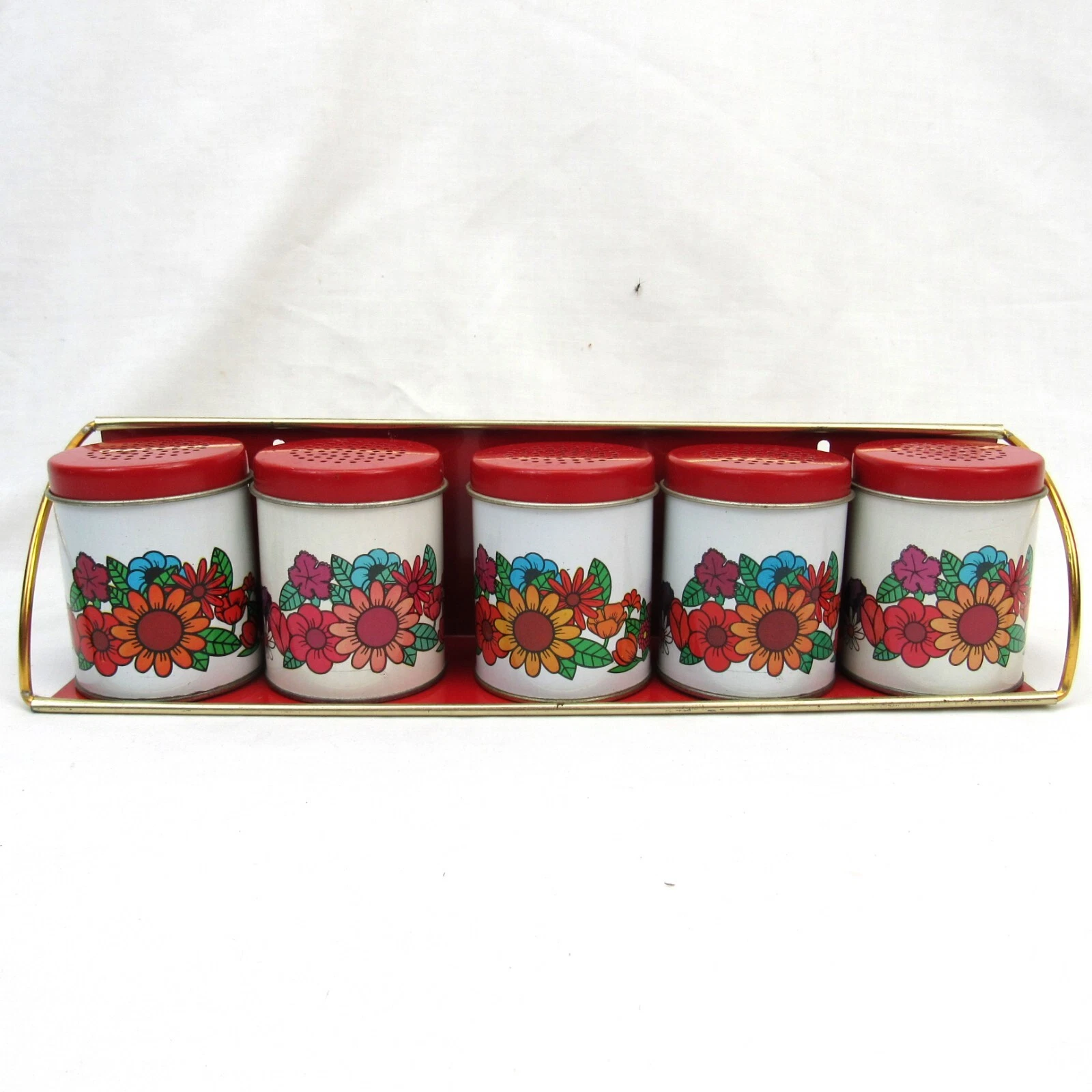Vintage Metal Spice Rack 5 Mod Shakers flower canisters retro Red kitchen jars