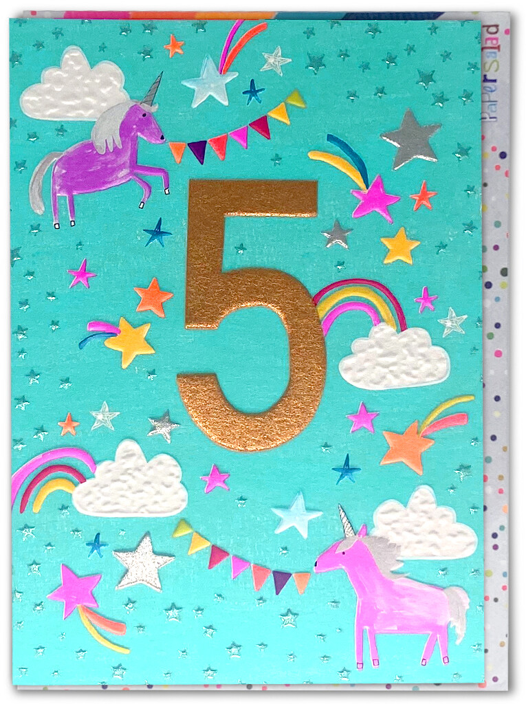 Age 5 Cute Pink Unicorns Childrens 5th Birthday Greetings Card Kids Illustration