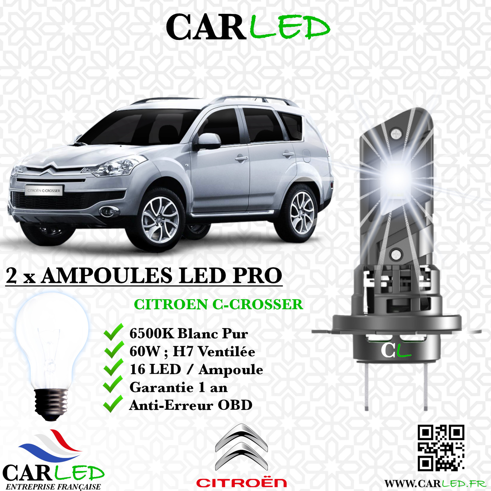 Kit ampoule LED Citroën C-Crosser phares auto blancs rechange longue durée