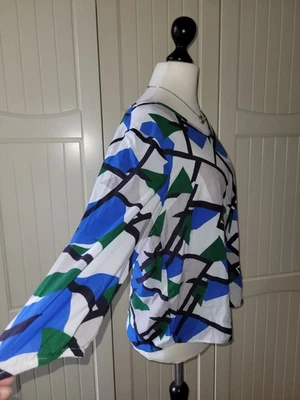 Comma Damen Bluse Shirt Rundhals 3/4 Arm geometrisches Muster weiß blau grün 36 - Bild 1 von 4