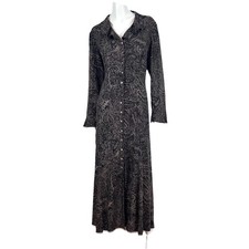 David Warren New York Maxi Dress Size 12 Rayon Black Gold Paisley Print Buttons 