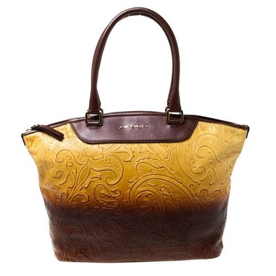 Etro YellowBrown Ombre Paisley Embossed Leather Zip Tote