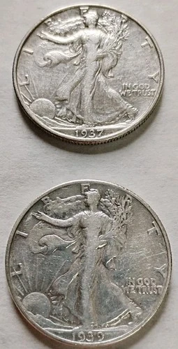 Lot of 2 1937 1939  Walking Liberty Half Dollars-90% Silver Very Fine+ #L3
