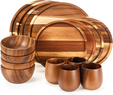 16-Piece Acacia Wood Dinnerware Set for 4 - Plates, Bowls & Cups