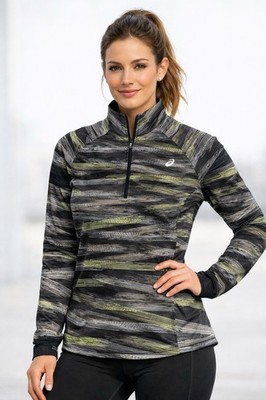 ASICS Women s L Half Zip Running Jacket Gray Green Striped Athletic Pullover