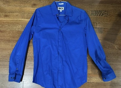Express 1MX Extra-Slim Fit Blue Solid Point Collar Dress Shirt L